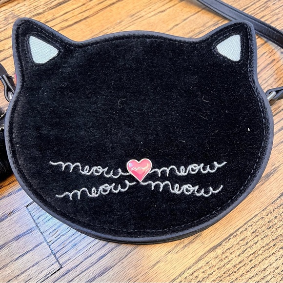 Lily Bloom Cat Face Bag Purse Small Black Pink Velvet Clean RARE Long Strap - Picture 2 of 8